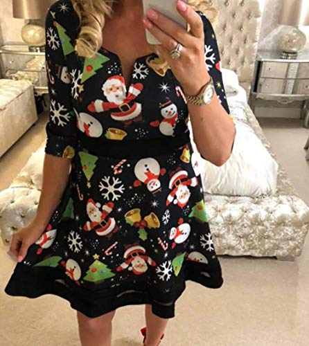 Kai&Guo Vestido Estampado navideño Mujer 2020 Otoño Invierno Gasa Empalmado Media Manga Cuello en V Alces Santa Claus Señoras Vestido de Fiesta de Cintura Alta, Navidad Ciervo, S