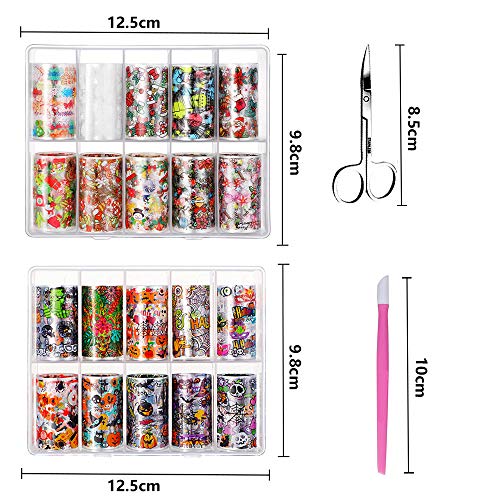 Kalolary 20 Rollos Halloween navidad Nail Art Foil, Holográfico Nail Stickers Tips Wraps Foil Transfer Sticker Glitters Kit de decoración para manicura Acrílico DIY Decoración