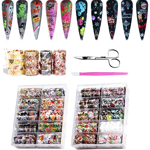 Kalolary 20 Rollos Halloween navidad Nail Art Foil, Holográfico Nail Stickers Tips Wraps Foil Transfer Sticker Glitters Kit de decoración para manicura Acrílico DIY Decoración