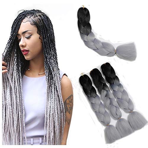 Kanekalon Black to Silver Jumbo Ombre Braid Synthetic Hair Extensions, 100G / PC 24"For African Crochet Braids Hair Extensions 3PCS / LOT