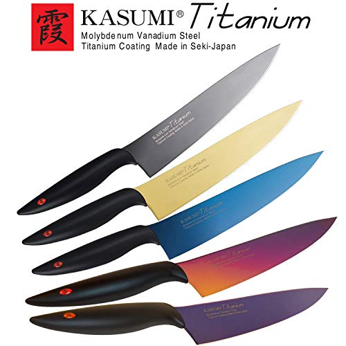 Kasumi KTB2 - Cuchillo Santoku de Titanio para Verduras, Carnes y Pescados, 18 centímetros, Hoja de Color Azul