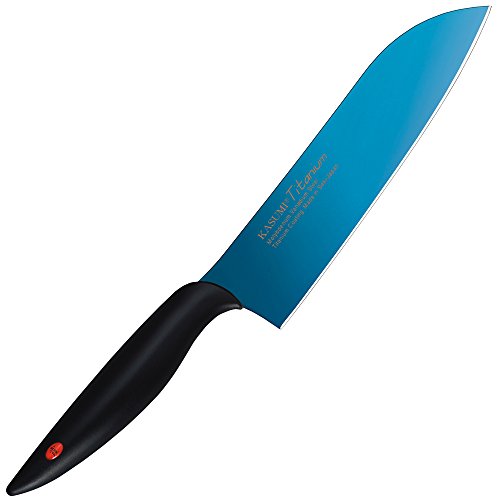 Kasumi KTB2 - Cuchillo Santoku de Titanio para Verduras, Carnes y Pescados, 18 centímetros, Hoja de Color Azul