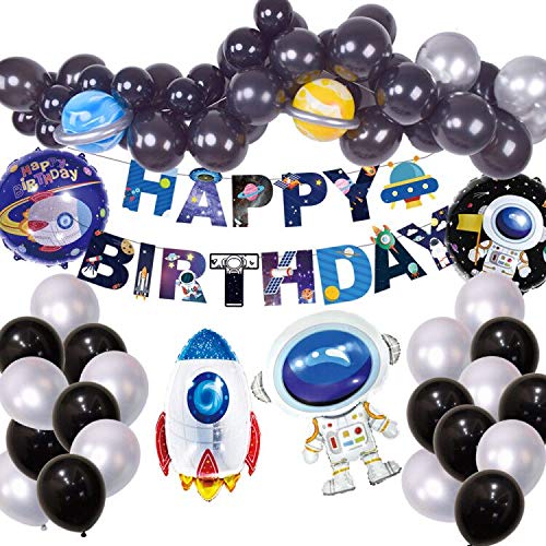 KATELUO Globos Cumpleaños Decoraciones,Decoracion Cumpleaños, Pancarta de Feliz Cumpleaños, Globos de Latex, Astronauta y Cohete Foil Globo,Fiesta de Decoración para Niños