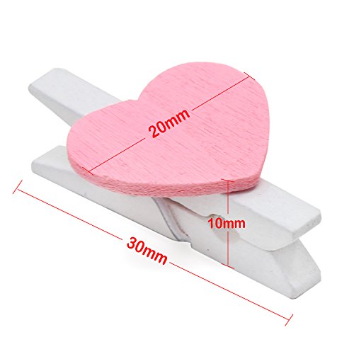 KEESIN Clips de Fotos de 100 piezas Pinzas de Madera Naturales Papel Fotográfico Clavijas en Forma de Corazón Craft Clips con Hilo de yute de 30 m (rosa)