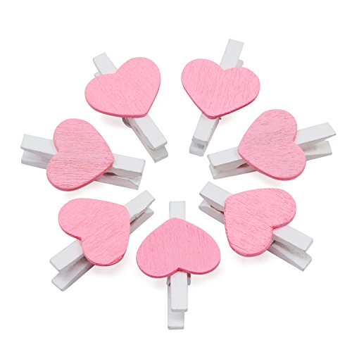 KEESIN Clips de Fotos de 100 piezas Pinzas de Madera Naturales Papel Fotográfico Clavijas en Forma de Corazón Craft Clips con Hilo de yute de 30 m (rosa)