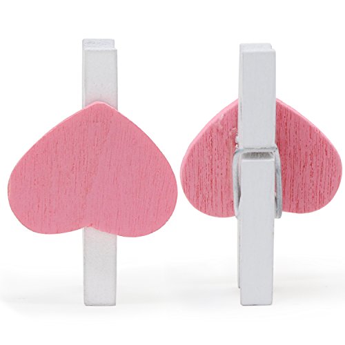 KEESIN Clips de Fotos de 100 piezas Pinzas de Madera Naturales Papel Fotográfico Clavijas en Forma de Corazón Craft Clips con Hilo de yute de 30 m (rosa)