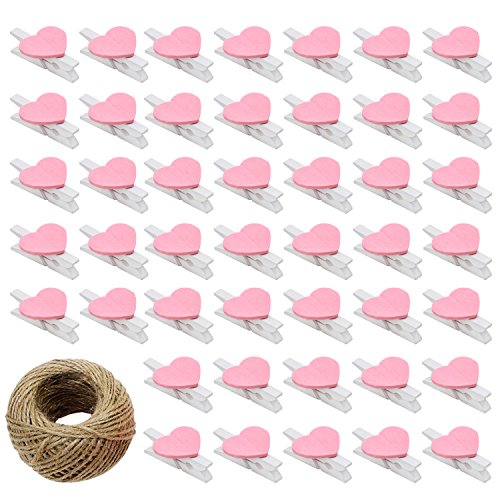 KEESIN Clips de Fotos de 100 piezas Pinzas de Madera Naturales Papel Fotográfico Clavijas en Forma de Corazón Craft Clips con Hilo de yute de 30 m (rosa)