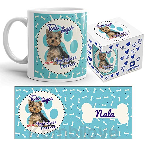 Kembilove Taza de Café de Perro Yorksire Terrier Personalizada con Nombre – Taza de Desayuno Razas de Perro – Taza de Café y Té Mascota – Taza de Cerámica Impresa – Tazas de Perro Yorksire Terrier