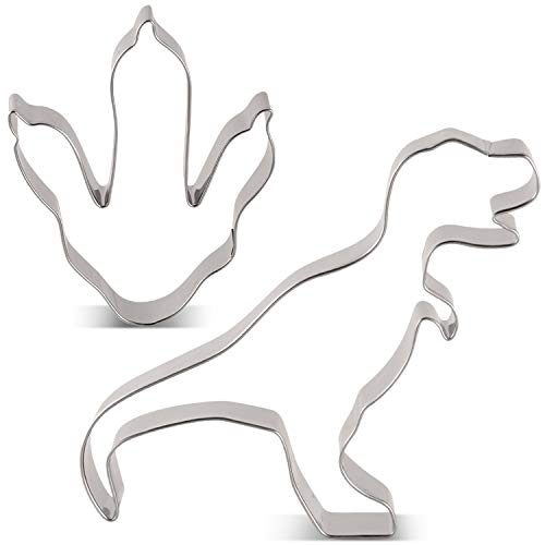 KENIAO Juego de cortadores de galletas de dinosaurio para niños, 2 piezas, T-Rex y dinosaurio pie sándwich galletas fondant Cutters – Acero inoxidable