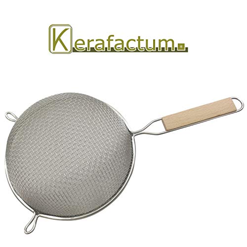 Kerafactum - Colador Profesional extrafino de Acero, colador de Mango, colador de Ensalada, colador de Sopa, colador de Pasta, colador con Mango Plano, diámetro de 16 y 2 Soportes