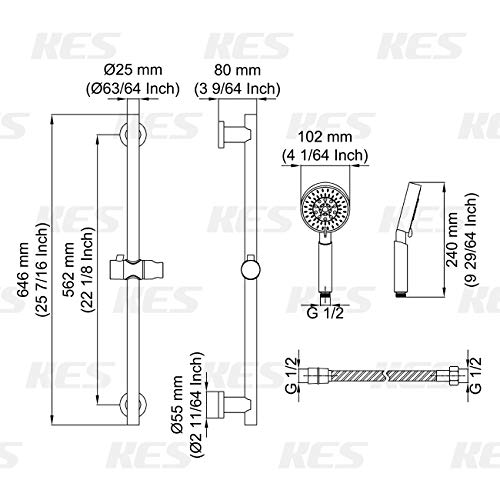 KES Barra De Ducha 3-Funci¨®n Mano Ducha Cabeza con Ajustable Deslice Bar SUS 304 Inoxidable Acero, Cepillado, F204-2+KP309-2