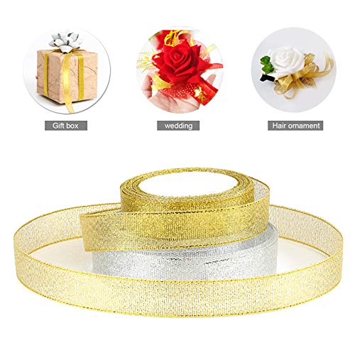 Kesote 2 Rollo de Cinta de Organza Dorada y Plata con Brillo para Regalo Decoración Navidad Boda Manualidades (2cm de Ancho)