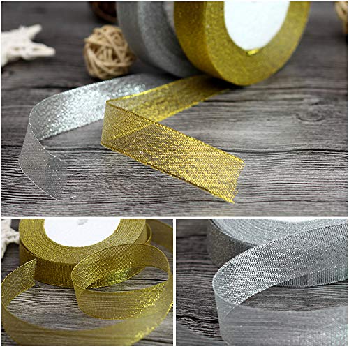 Kesote 2 Rollo de Cinta de Organza Dorada y Plata con Brillo para Regalo Decoración Navidad Boda Manualidades (2cm de Ancho)