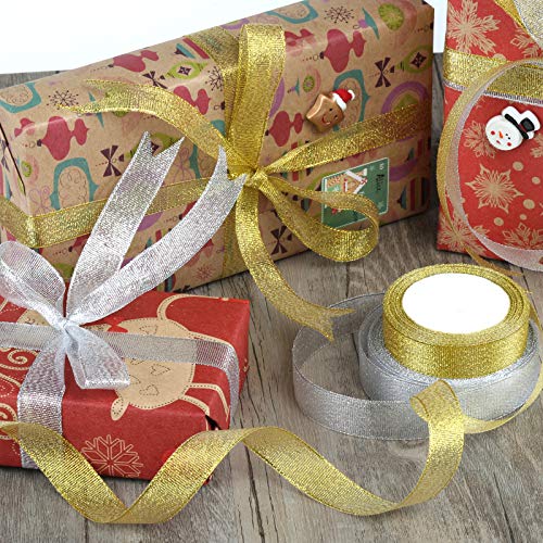 Kesote 2 Rollo de Cinta de Organza Dorada y Plata con Brillo para Regalo Decoración Navidad Boda Manualidades (2cm de Ancho)