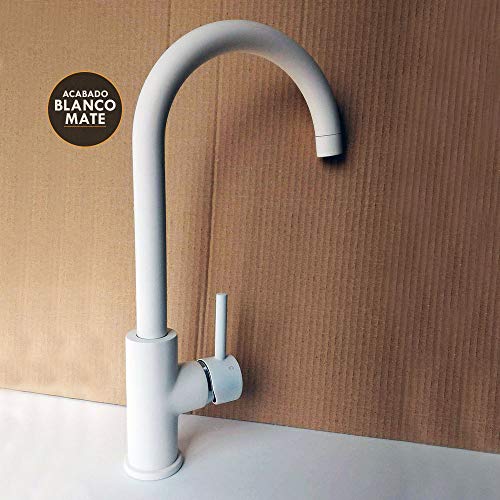 Kibath 450361 Grifo Monomando NIE caño Alto Lacado en Color Blanco Mate. Altura Total Desde la Base 36,5 cm. Ideal para fregaderos de Cocina o lavabos Altos Tipo Bol. Repuestos garantizados