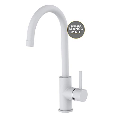 Kibath 450361 Grifo Monomando NIE caño Alto Lacado en Color Blanco Mate. Altura Total Desde la Base 36,5 cm. Ideal para fregaderos de Cocina o lavabos Altos Tipo Bol. Repuestos garantizados