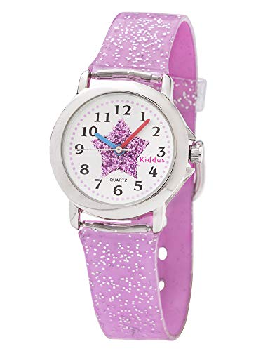 KIDDUS Reloj de Pulsera analógico para niña, Chica. con Ejercicios educativos para Aprender la Hora. Mecanismo de Cuarzo japonés Purpurina, Elegante y a la Moda. FAB4 Estrella