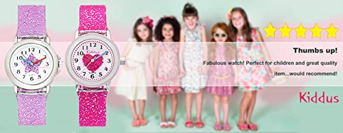 KIDDUS Reloj de Pulsera analógico para niña, Chica. con Ejercicios educativos para Aprender la Hora. Mecanismo de Cuarzo japonés Purpurina, Elegante y a la Moda. FAB4 Estrella