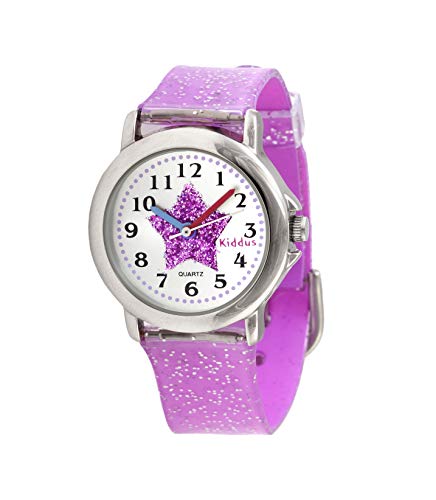 KIDDUS Reloj de Pulsera analógico para niña, Chica. con Ejercicios educativos para Aprender la Hora. Mecanismo de Cuarzo japonés Purpurina, Elegante y a la Moda. FAB4 Estrella