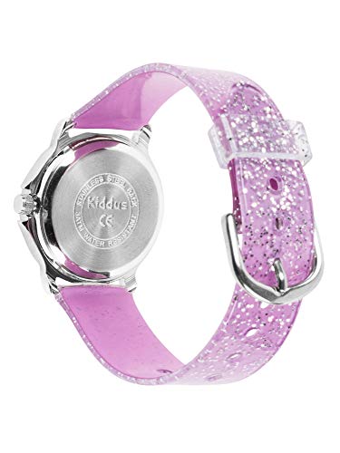 KIDDUS Reloj de Pulsera analógico para niña, Chica. con Ejercicios educativos para Aprender la Hora. Mecanismo de Cuarzo japonés Purpurina, Elegante y a la Moda. FAB4 Estrella