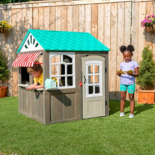 KidKraft- Casa de juguete de exteriores con un toldo a rayas como el de las cafeterías (casa de juguete de madera para exteriores) Playhouse, Color Marrón (419)