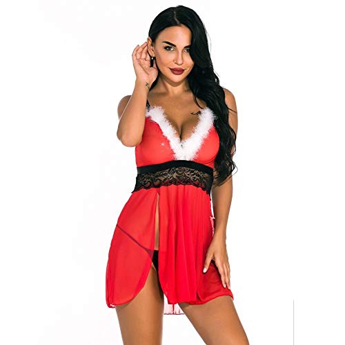 Kimono De Lencería para Mujer,Lencería Sexy Camisón De Kimono De Encaje Navideño Ropa De Dormir + Conjunto De Tanga Ropa Interior Sexy, Rojo, M