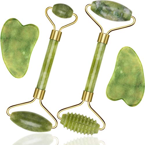 Kit de 4 Rodillo Jade Rodillo Facial Surcado Rodillo Piel con Herramienta Masaje Gua Sha Anti Envejecimiento y Arruga para Cara, Ojo, Cuello, Buen Regalo (Rodillo Surcado Verde, Rodillo de Jade Verde)