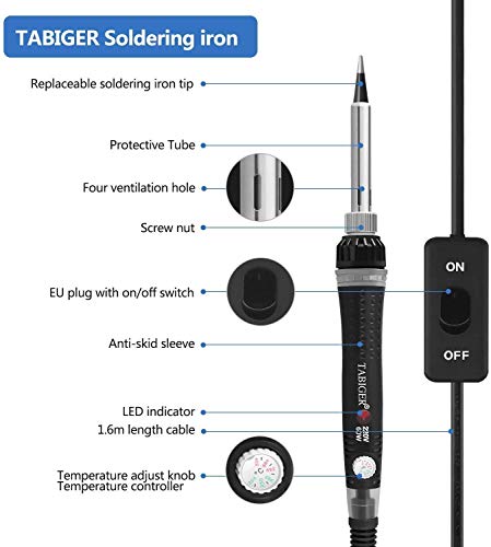 Kit del Soldador Tabiger, Soldador Electrico con Temperatura Ajustable e interruptor de encendido/apagado, 60W 220V Soldador de estaño con 5PCS diferentes puntas de soldadura, soldadura y así