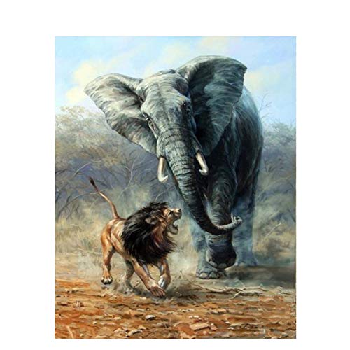 Kits de pintura por números para adultos y niños, elefante contra león, bricolaje para principiantes con pinceles y pinturas acrílicas lienzo, decoración de hogar de arte animal 40x50 cm