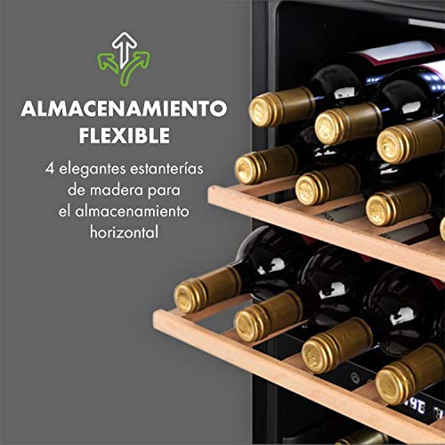 KLARSTEIN Barossa - Refrigerador para vinos, 2 Zonas, Temperatura Regulable 5-18 °C, Estantes de Madera rebatibles, Pantalla LCD, Iluminación Interior LED, Puerta de Vidrio, 34 Botellas, Negro