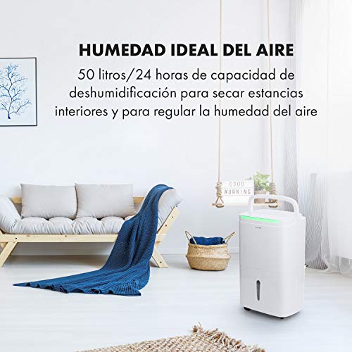 KLARSTEIN DryFy Connect - Deshumidificador de Aire, Humedad deseada Regulable, Función oscilación, WiFi, Filtro de carbón Activo, 360 m³/h, 45-55 m², Depósito Agua 7 L, Rendimiento 50 L/día, Blanco