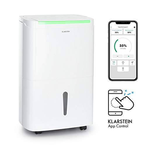 KLARSTEIN DryFy Connect - Deshumidificador de Aire, Humedad deseada Regulable, Función oscilación, WiFi, Filtro de carbón Activo, 360 m³/h, 45-55 m², Depósito Agua 7 L, Rendimiento 50 L/día, Blanco