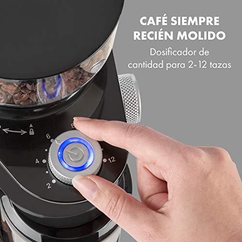 Klarstein Florenz - Molinillo de Café, 200W, triturado FlatBurr con disco de acero inoxidable, 18 tamaños de molienda, dosificador para 2-12 porciones, depósito de grano con 240 g de capacidad, Negro