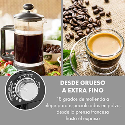 Klarstein Florenz - Molinillo de Café, 200W, triturado FlatBurr con disco de acero inoxidable, 18 tamaños de molienda, dosificador para 2-12 porciones, depósito de grano con 240 g de capacidad, Negro