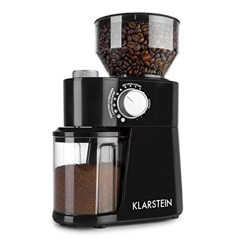 Klarstein Florenz - Molinillo de Café, 200W, triturado FlatBurr con disco de acero inoxidable, 18 tamaños de molienda, dosificador para 2-12 porciones, depósito de grano con 240 g de capacidad, Negro