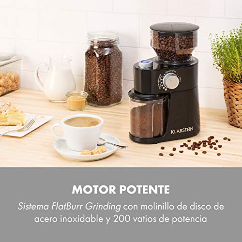 Klarstein Florenz - Molinillo de Café, 200W, triturado FlatBurr con disco de acero inoxidable, 18 tamaños de molienda, dosificador para 2-12 porciones, depósito de grano con 240 g de capacidad, Negro