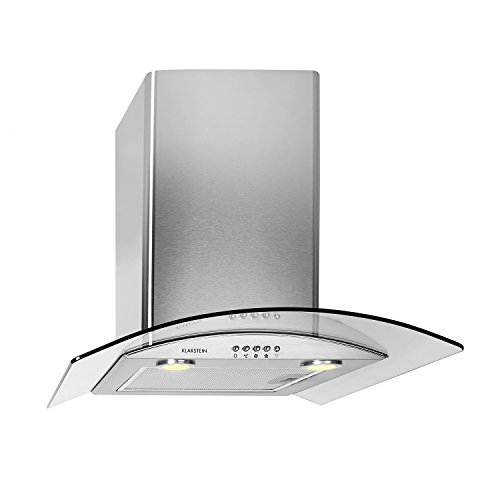 Klarstein GL60WS - Campana extractora, Extractor de Humos, Extractor de Pared, Aspiración/Ventilación, 3 Niveles, 490 m³/h, Acero INOX, Cristal, Montaje en Pared, Ancho: 60 cm, Plateado