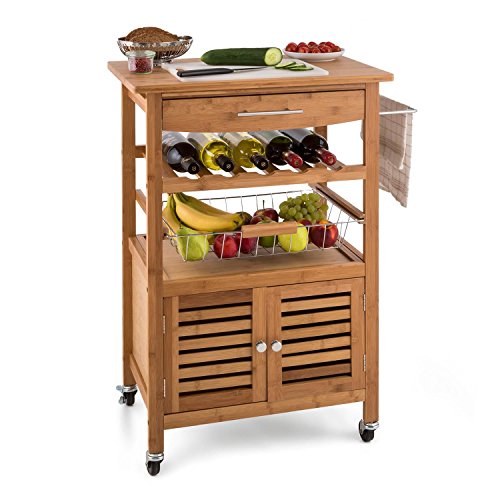 KLARSTEIN Louisiana Carrito Auxiliar de Cocina con 4 Niveles (encimera de 58 x 40 cm, 1 Armario, 1 frutero, 1 botellero, 1 cajón, Equipado con 4 Ruedas de Goma con Freno)