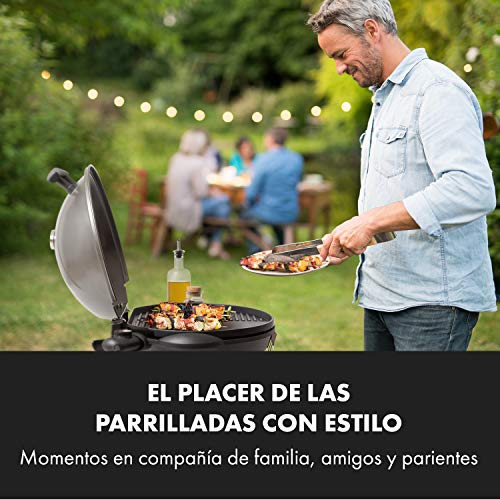 KLARSTEIN Tafelspitz Parrilla eléctrica - Grill con Tapa y Soporte, 1600 W, Plegable, Termómetro, Antiadherente, Placa para cocinar: 44 x 34 cm, Mesas Laterales, 2 Ruedecillas, Negro