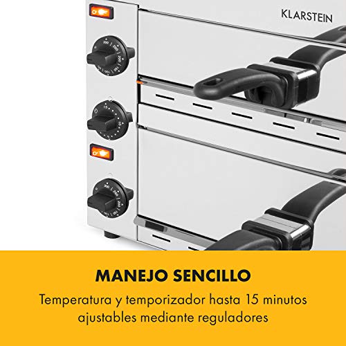 Klarstein Vesuvio II Pro horno para pizzas - 2260 W, 2 cámaras, superficie de horneado de 360 x 330 mm, temperatura de 300 °C, bandeja para migas, acero inoxidable, horno, pan y bollería, plateado