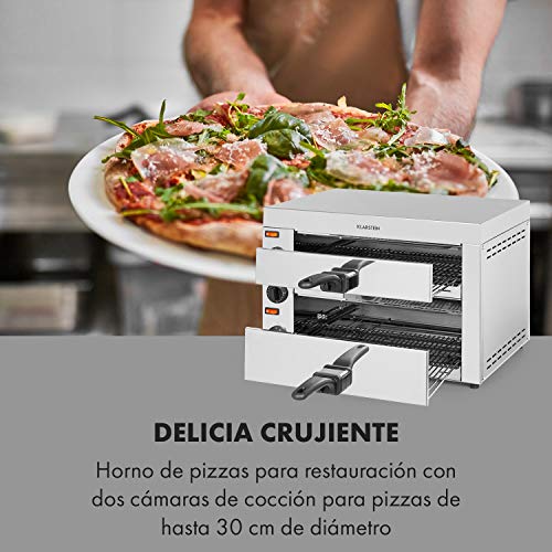 Klarstein Vesuvio II Pro horno para pizzas - 2260 W, 2 cámaras, superficie de horneado de 360 x 330 mm, temperatura de 300 °C, bandeja para migas, acero inoxidable, horno, pan y bollería, plateado