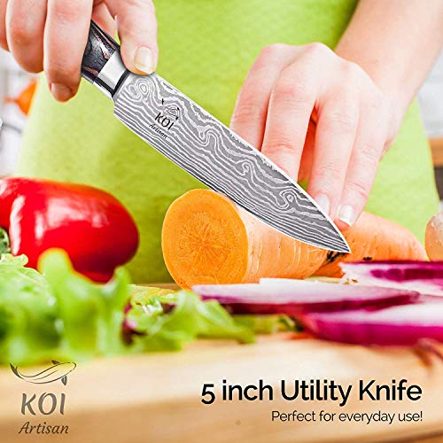 KOI ARTISAN Cuchillo de cocina – Cuchilla afilada de 5 pulgadas – Cuchillos de chef profesionales – Cuchillos japoneses de acero inoxidable de alto carbono – Damasco patrón grabado con láser