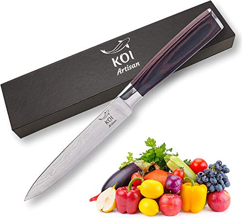 KOI ARTISAN Cuchillo de cocina – Cuchilla afilada de 5 pulgadas – Cuchillos de chef profesionales – Cuchillos japoneses de acero inoxidable de alto carbono – Damasco patrón grabado con láser