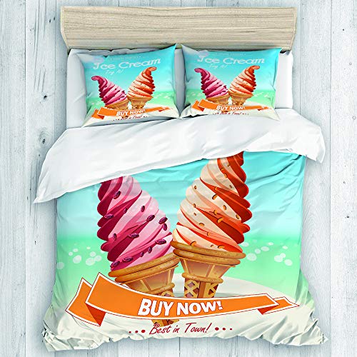 KOSALAER Bedding Juego de Funda de Edredón, Diseño de Dibujos Animados de deliciosos Conos cremosos en la Playa de Verano para heladerías Imprimir, de Almohada de Microfibra,140 x 200cm