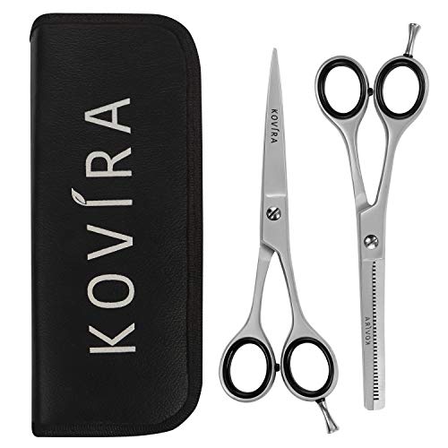 Kovira 2 Piezas Tijeras Peluqueria Profesional – 16,5cm de Largo – Afiladas Tijeras Corte Pelo y Tijeras Entresacar – Set Tijera Peluquero Acero Inoxidable para Cortes de Pelo en Casa