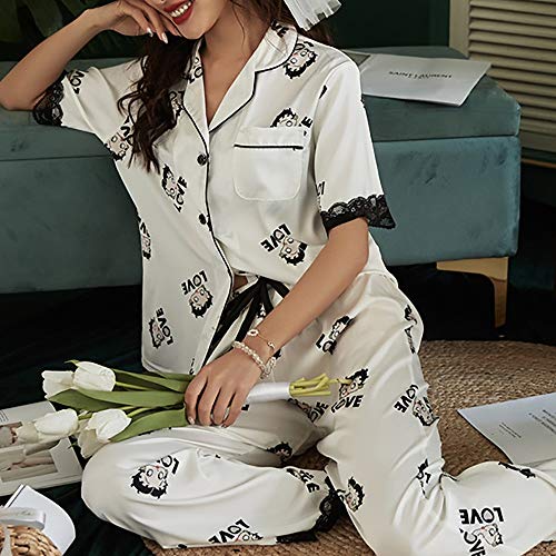 KQP Pijamas De Las Mujeres Simulación de Seda del Verano de Manga Corta Pijama Pantalones del Ajuste del cordón casero de Las señoras Ropa Casual Conveniente para El Hogar Dormitorio Ocio