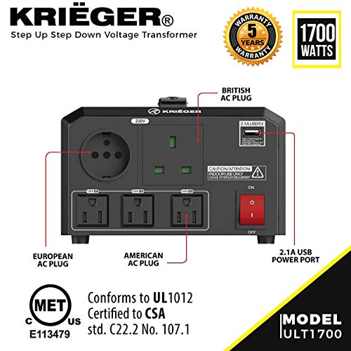 KRIEGER 1700W Transformador 220v a 110v, 1700 Vatios de Potencia Máxima, Convierte Voltaje de 220-240 Voltios a 110-120V y viceversa, Transformador con Núcleo Toroidal Aprobado por MET bajo UL y CSA