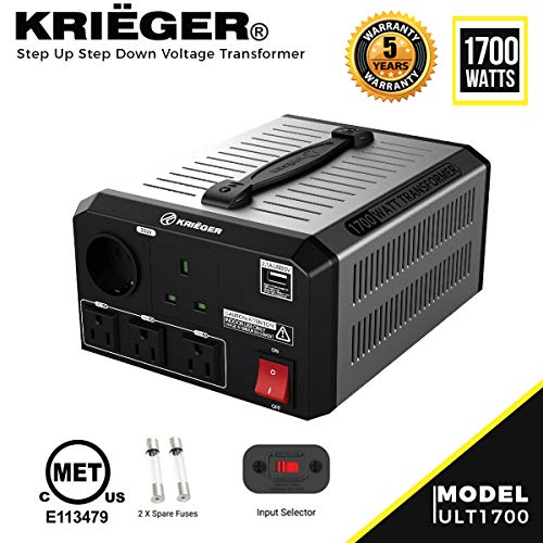 KRIEGER 1700W Transformador 220v a 110v, 1700 Vatios de Potencia Máxima, Convierte Voltaje de 220-240 Voltios a 110-120V y viceversa, Transformador con Núcleo Toroidal Aprobado por MET bajo UL y CSA