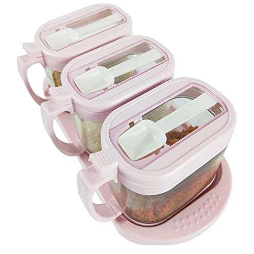 KSTORE Vidrio Cocina Condimento Especia Caja De Caja De La Caja De Condimento Caja De Especias Cuadro Vinagrera con Tapa Y Cuchara De Cocina 3Pcs,Rosado