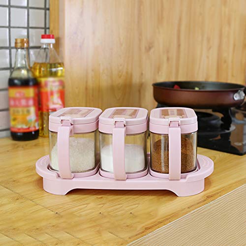 KSTORE Vidrio Cocina Condimento Especia Caja De Caja De La Caja De Condimento Caja De Especias Cuadro Vinagrera con Tapa Y Cuchara De Cocina 3Pcs,Rosado